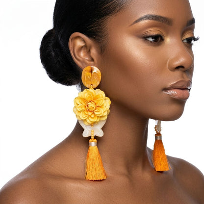Yellow Oversized Flower Butterfly Tassel Earrings