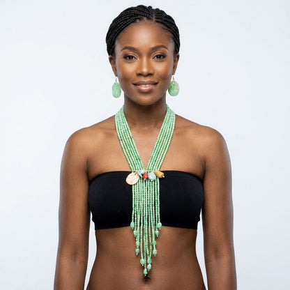 Marbled Green and Stone Bead Tassel Y Necklace