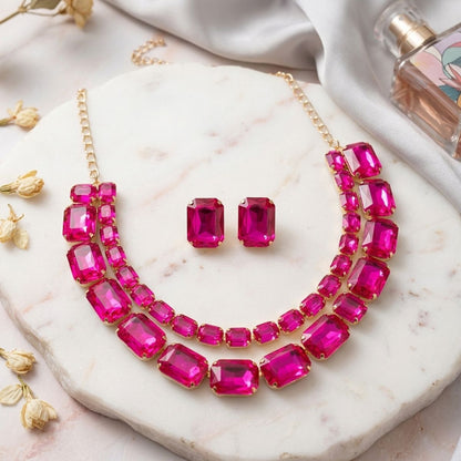 Fuchsia Emerald Cut Crystal 2 Row Necklace Set