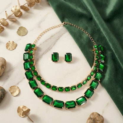 Green Emerald Cut Crystal 2 Row Necklace Set