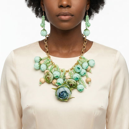 Green Floral Garden Fringe Statement Necklace