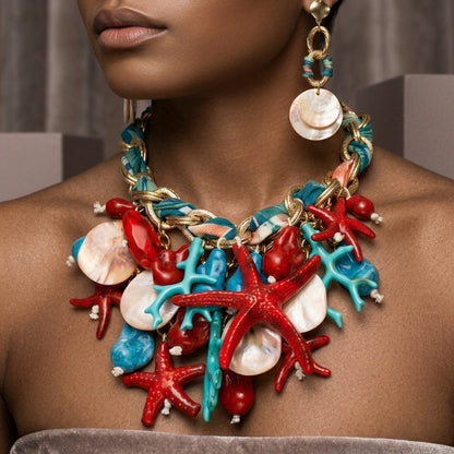 Red Coral and Starfish Bib Seaside Gold Necklace