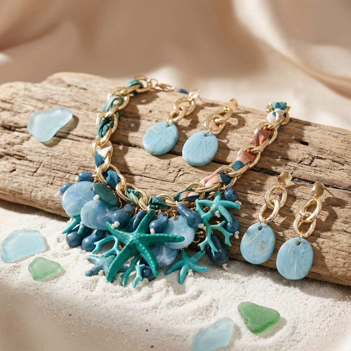 Turquoise Coral Starfish Bib Seaside Gold Necklace
