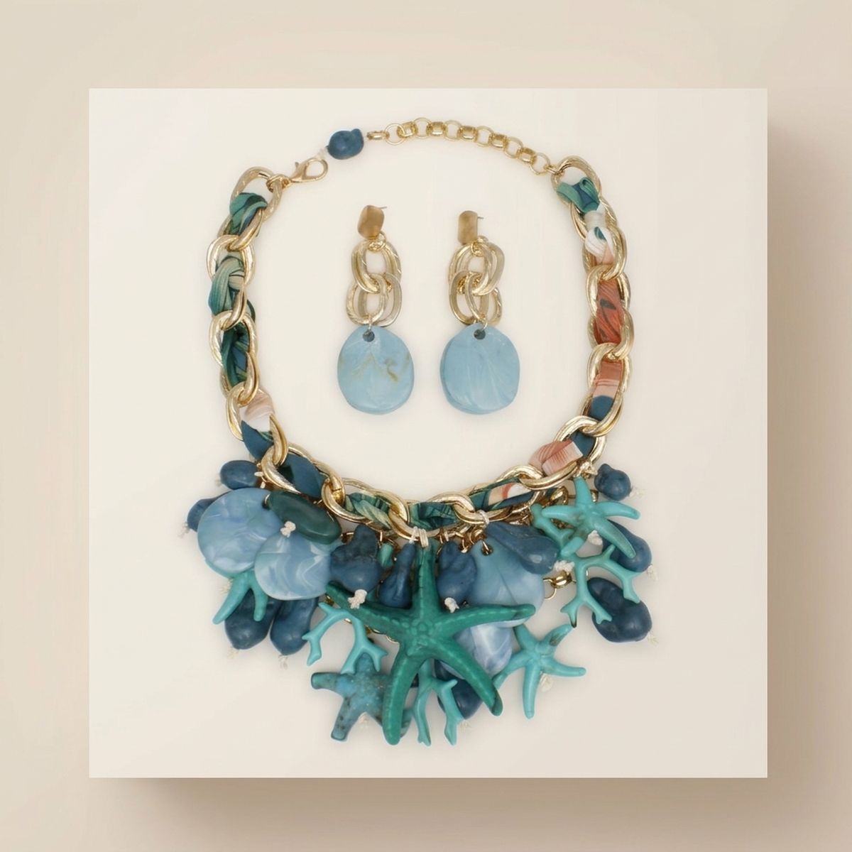 Turquoise Coral Starfish Bib Seaside Gold Necklace