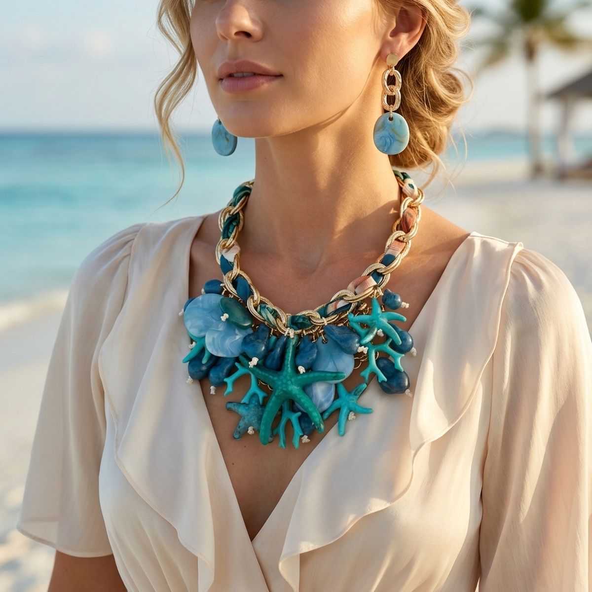 Turquoise Coral Starfish Bib Seaside Gold Necklace