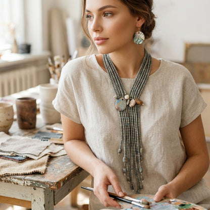 Marbled Gray and Stone Bead Tassel Y Necklace