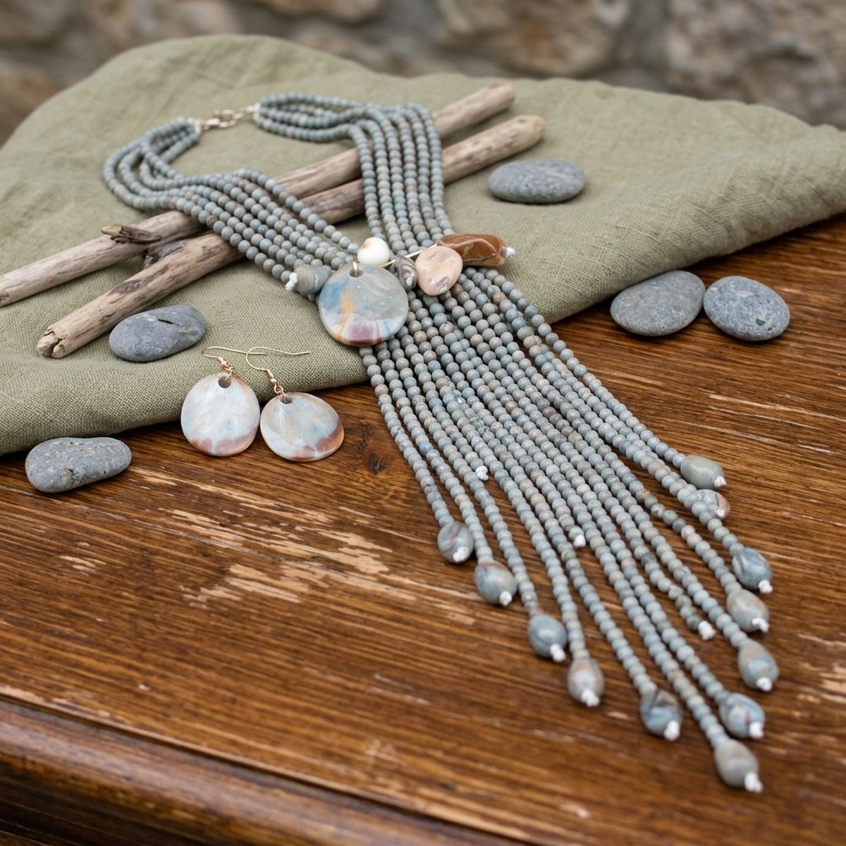Marbled Gray and Stone Bead Tassel Y Necklace