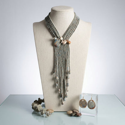 Marbled Gray and Stone Bead Tassel Y Necklace