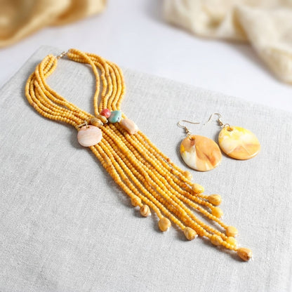 Marbled Mustard and Stone Bead Tassel Y Necklace