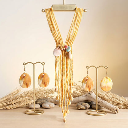 Marbled Mustard and Stone Bead Tassel Y Necklace