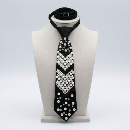Chevron Pearl Studded Black Necktie Necklace