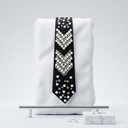 Chevron Pearl Studded Black Necktie Necklace