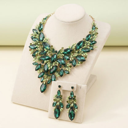 Green Glass Crystal Floral Large Bib Necklace Set