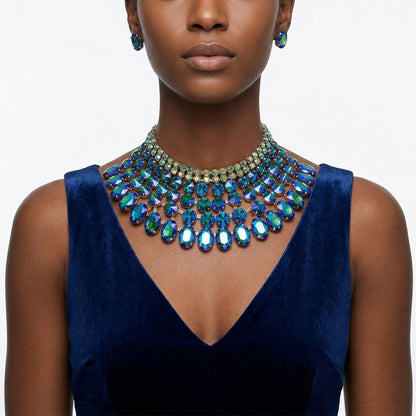 Blue Oval Glass Crystal 6 Row Formal Necklace Set