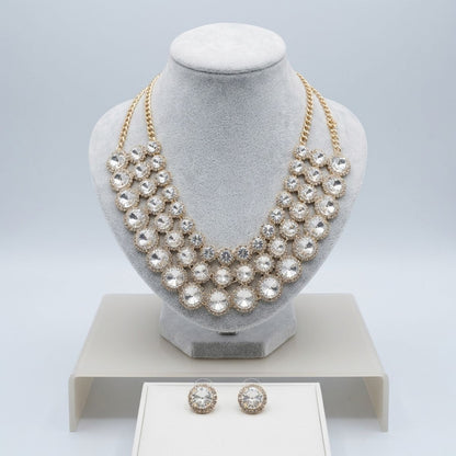 Gold Glass Halo Crystal 3 Row Collar Necklace