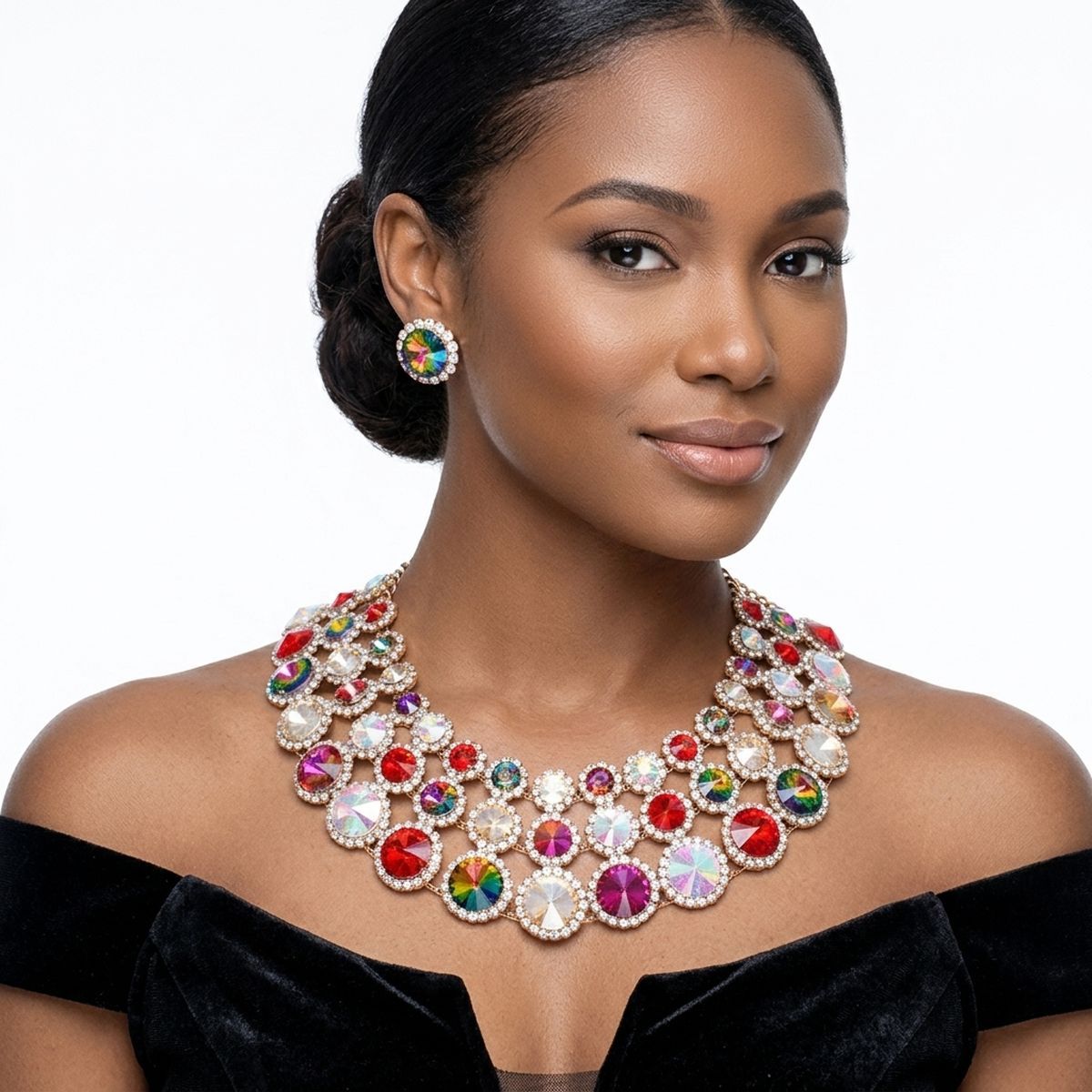 Multicolor Glass Halo Crystal 3 Row Collar Necklace