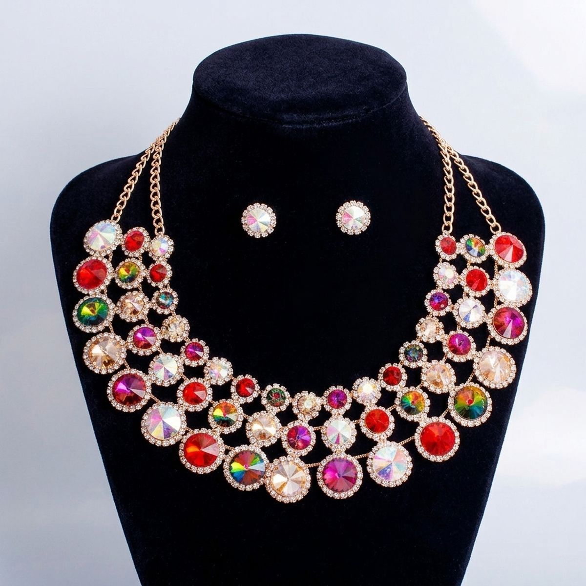 Multicolor Glass Halo Crystal 3 Row Collar Necklace