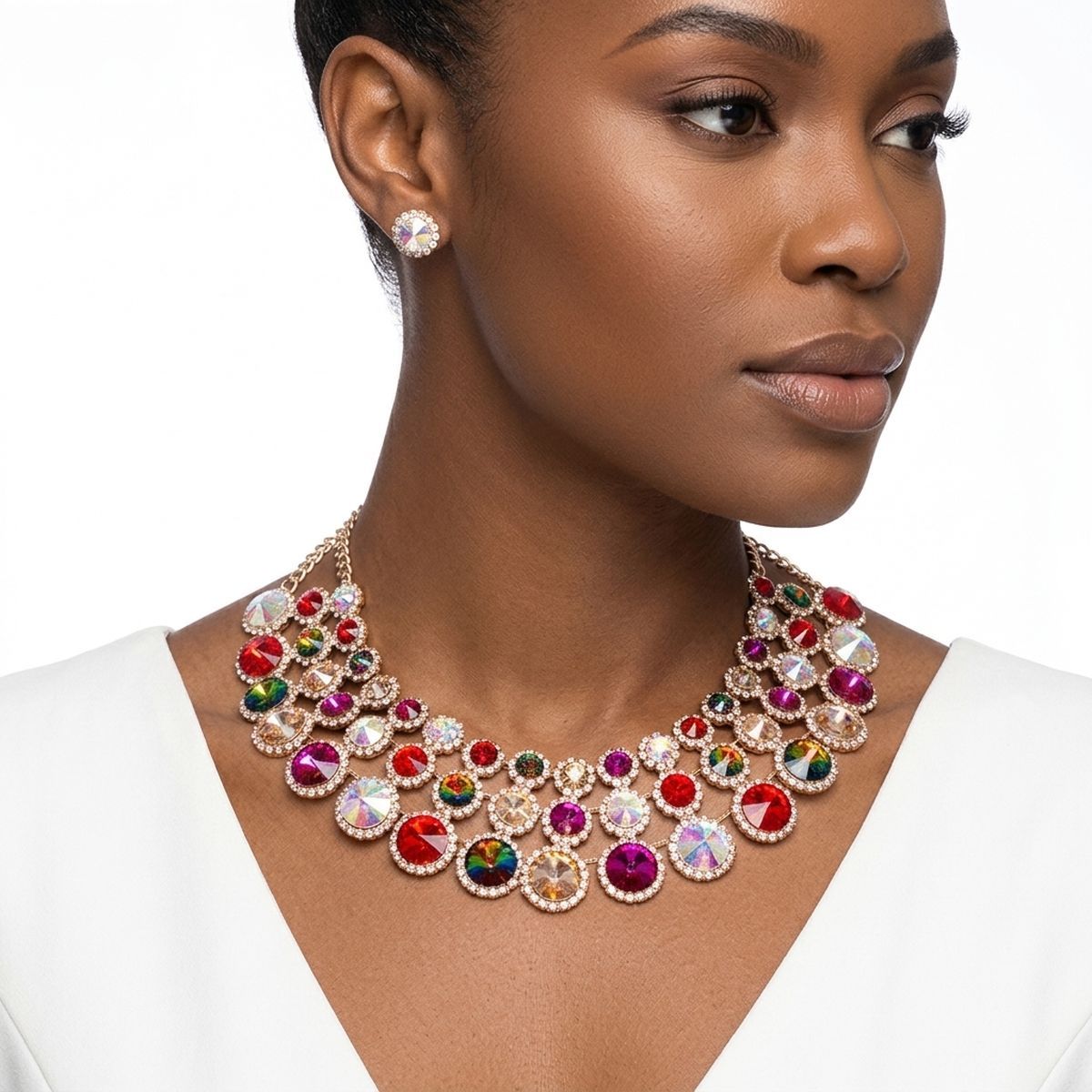 Multicolor Glass Halo Crystal 3 Row Collar Necklace