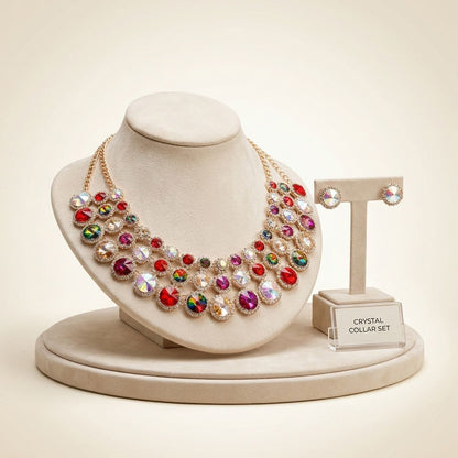 Multicolor Glass Halo Crystal 3 Row Collar Necklace