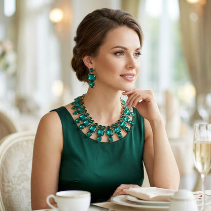 Green Glass Crystal Collar Red Carpet Necklace Set
