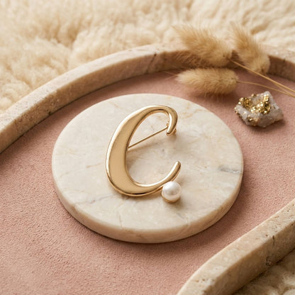 Gold Cursive C Initial Letter Pearl Brooch Pin