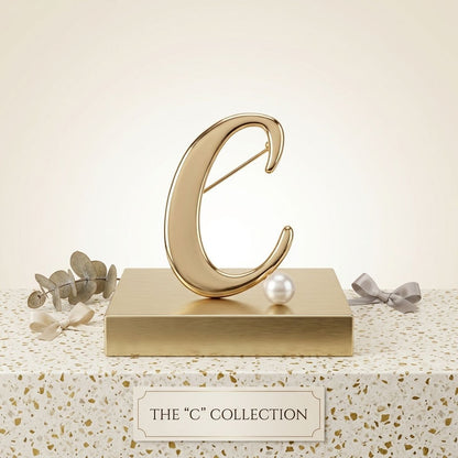 Gold Cursive C Initial Letter Pearl Brooch Pin