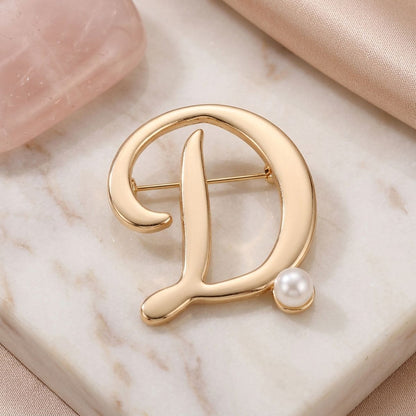 Gold Cursive D Initial Letter Pearl Brooch Pin