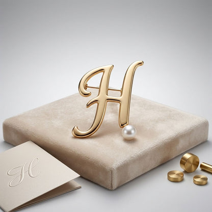 Gold Cursive H Initial Letter Pearl Brooch Pin