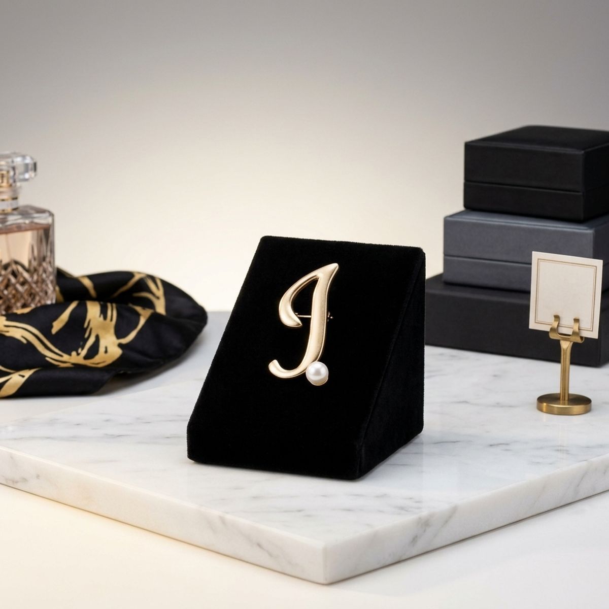 Gold Cursive J Initial Letter Pearl Brooch Pin