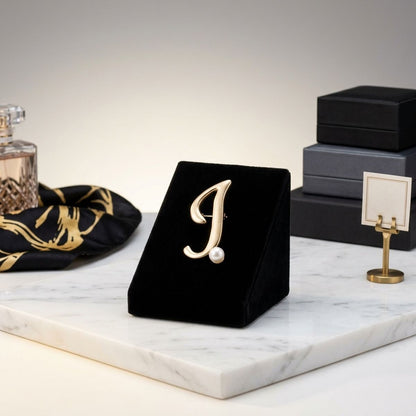 Gold Cursive J Initial Letter Pearl Brooch Pin