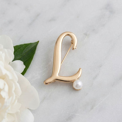 Gold Cursive L Initial Letter Pearl Brooch Pin