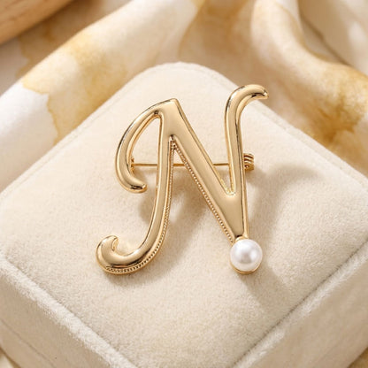 Gold Cursive N Initial Letter Pearl Brooch Pin