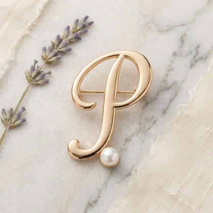 Gold Cursive P Initial Letter Pearl Brooch Pin