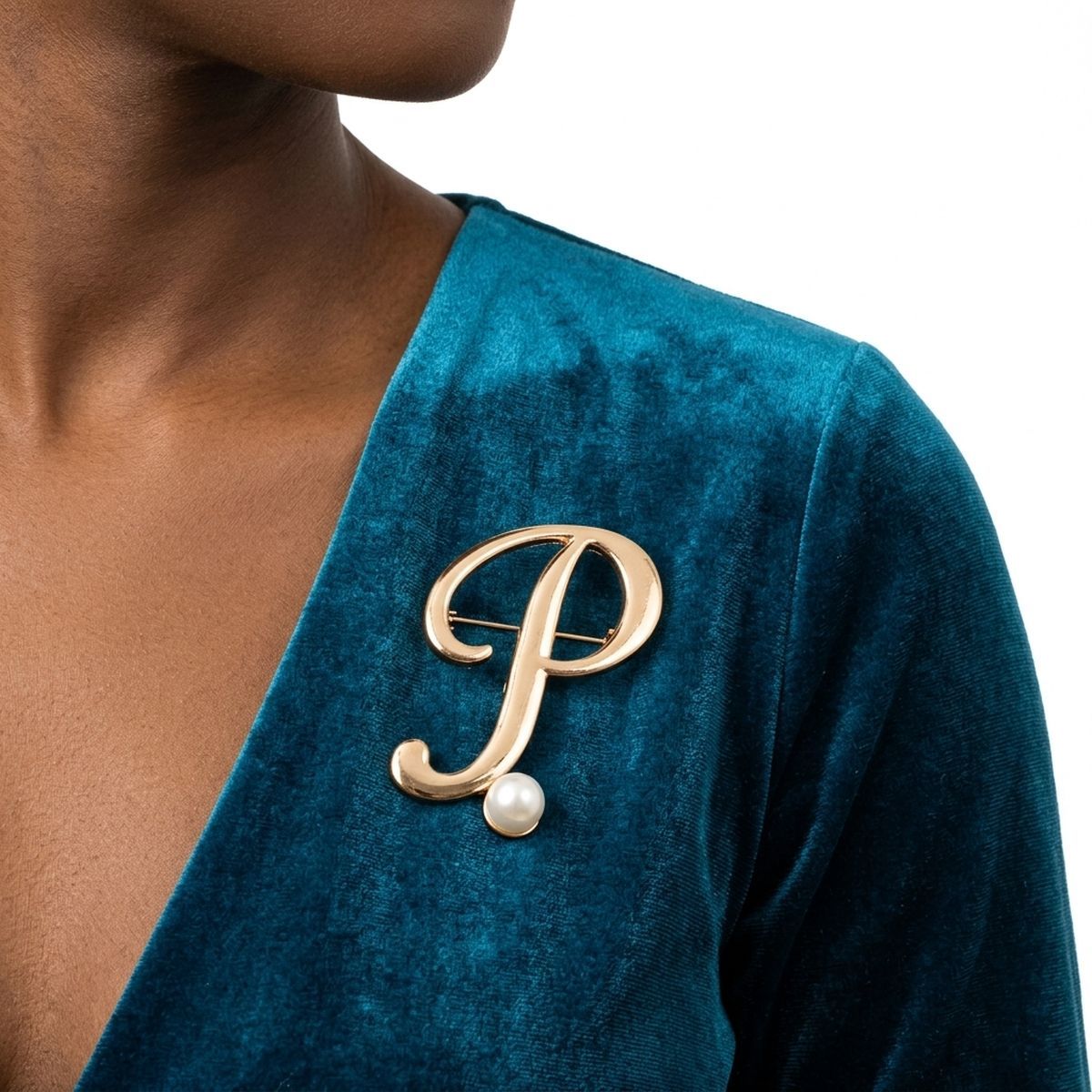 Gold Cursive P Initial Letter Pearl Brooch Pin