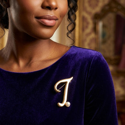 Gold Cursive T Initial Letter Pearl Brooch Pin
