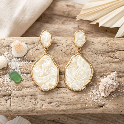 Ivory Pearlescent Organic Teardrop Gold Earrings