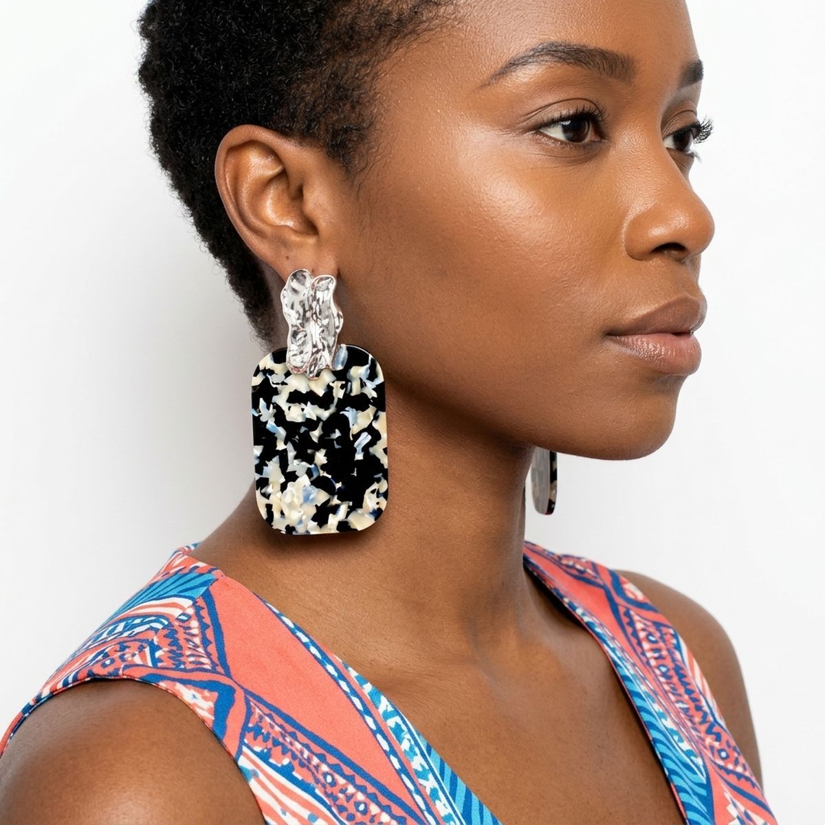 Drop Oversized Black Turtle Shell Silver Earrings