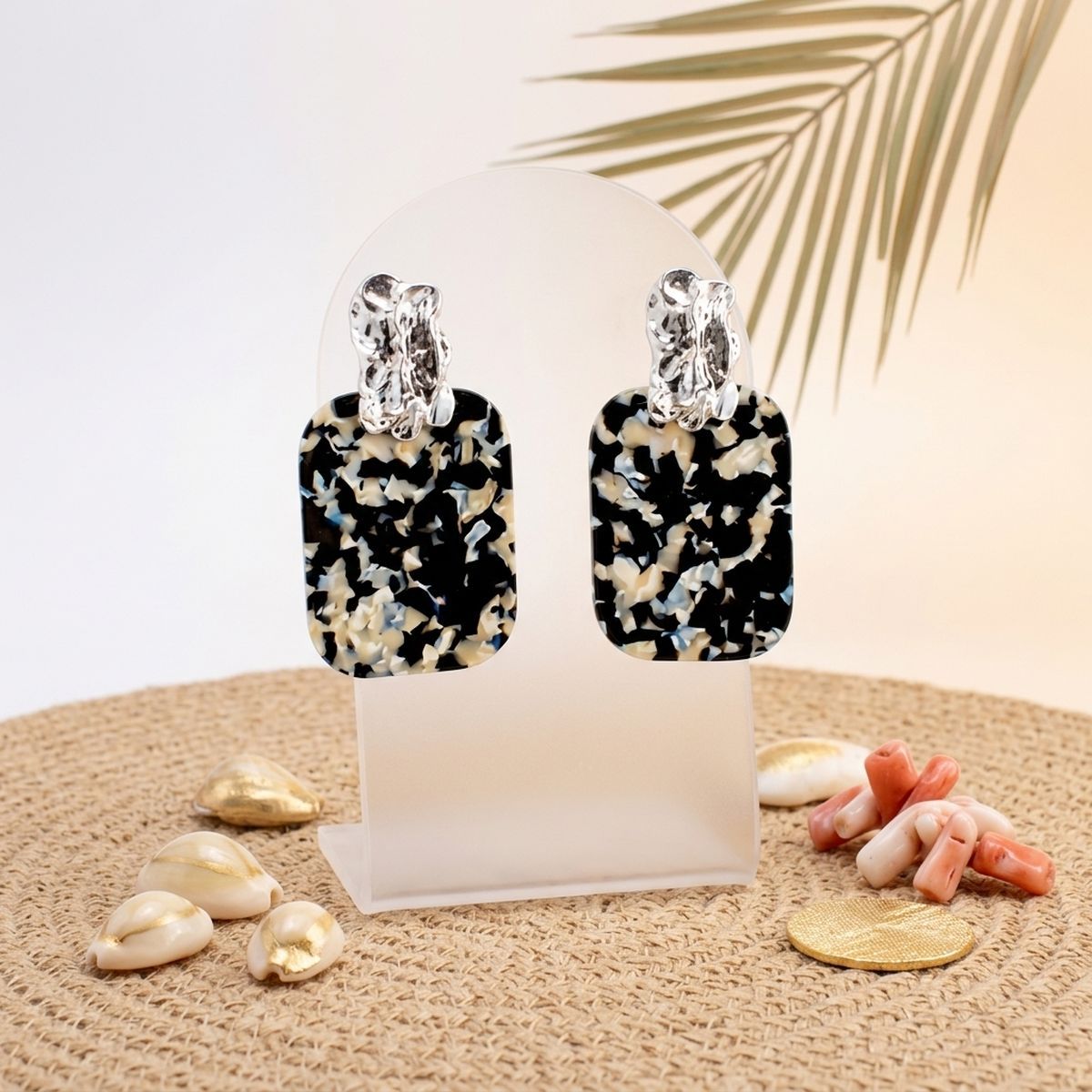 Drop Oversized Black Turtle Shell Silver Earrings