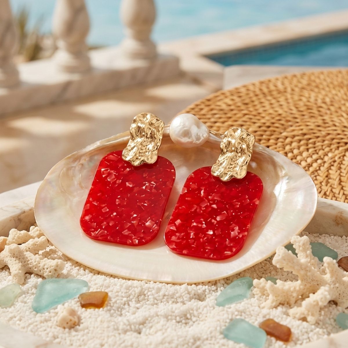 Drop Oversized Red Pearlescent Opulent Earrings