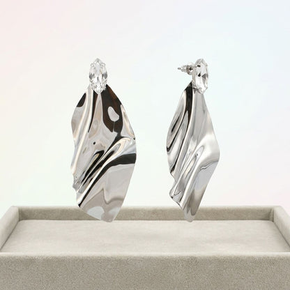 Silver Bent Metal Marquise Crystal Drop Earrings