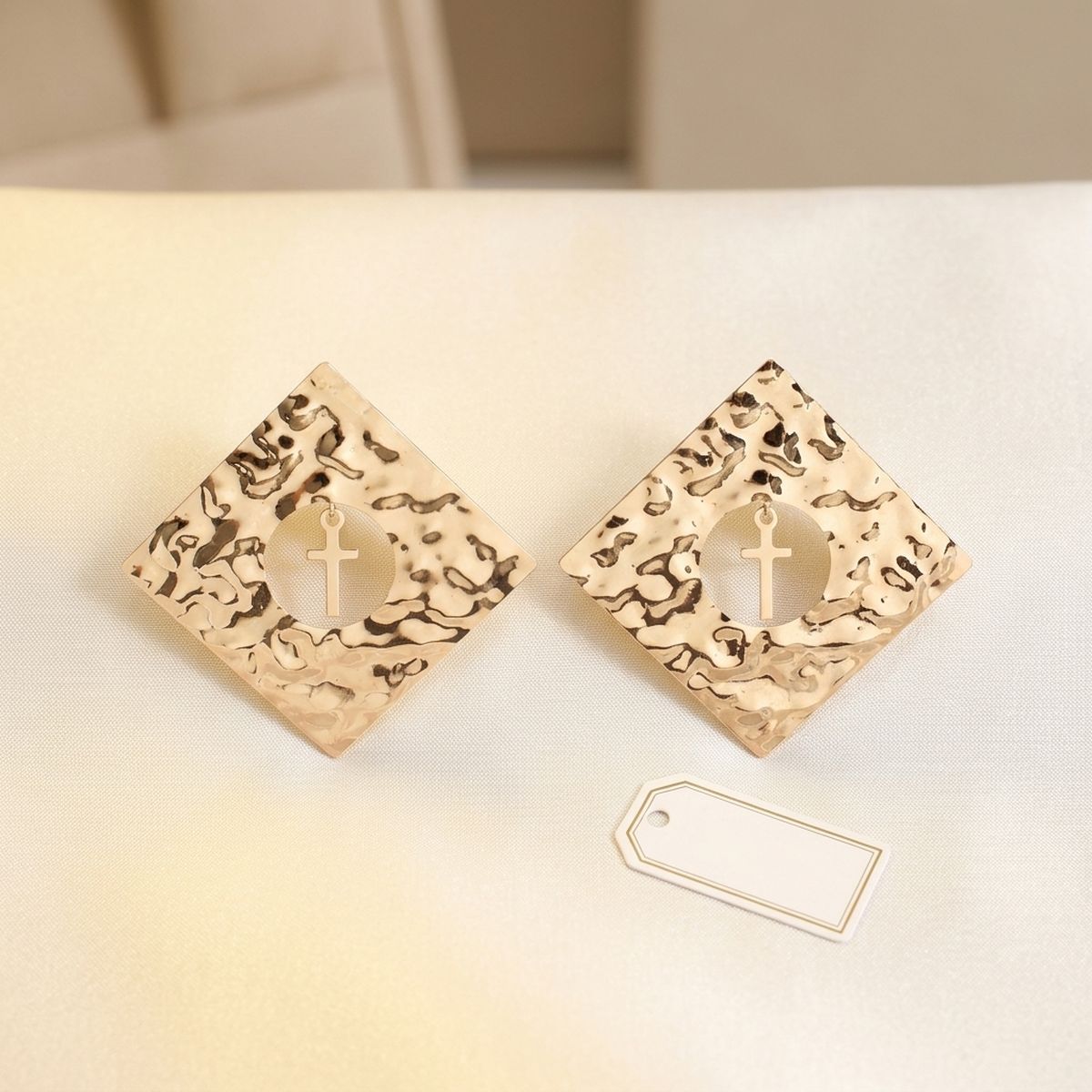 Gold Hammered Diamond Cross Large Stud Earrings