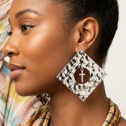Silver Hammered Diamond Cross Large Stud Earrings