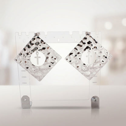 Silver Hammered Diamond Cross Large Stud Earrings