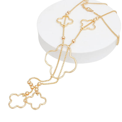 Negligee Long Gold Box Chain Quatrefoil Necklace