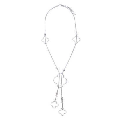 Negligee Long Silver Box Chain Quatrefoil Necklace