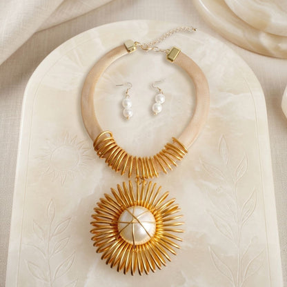 Gold Mesh Necklace with Spiral Sunburst Pendant