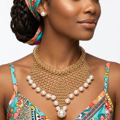 Gold Mesh Pearl Bib Necklace with Chain Fringe