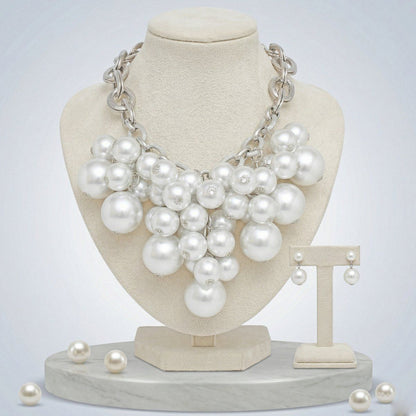 White Pearl Cluster Opulent Chunky Bib Necklace