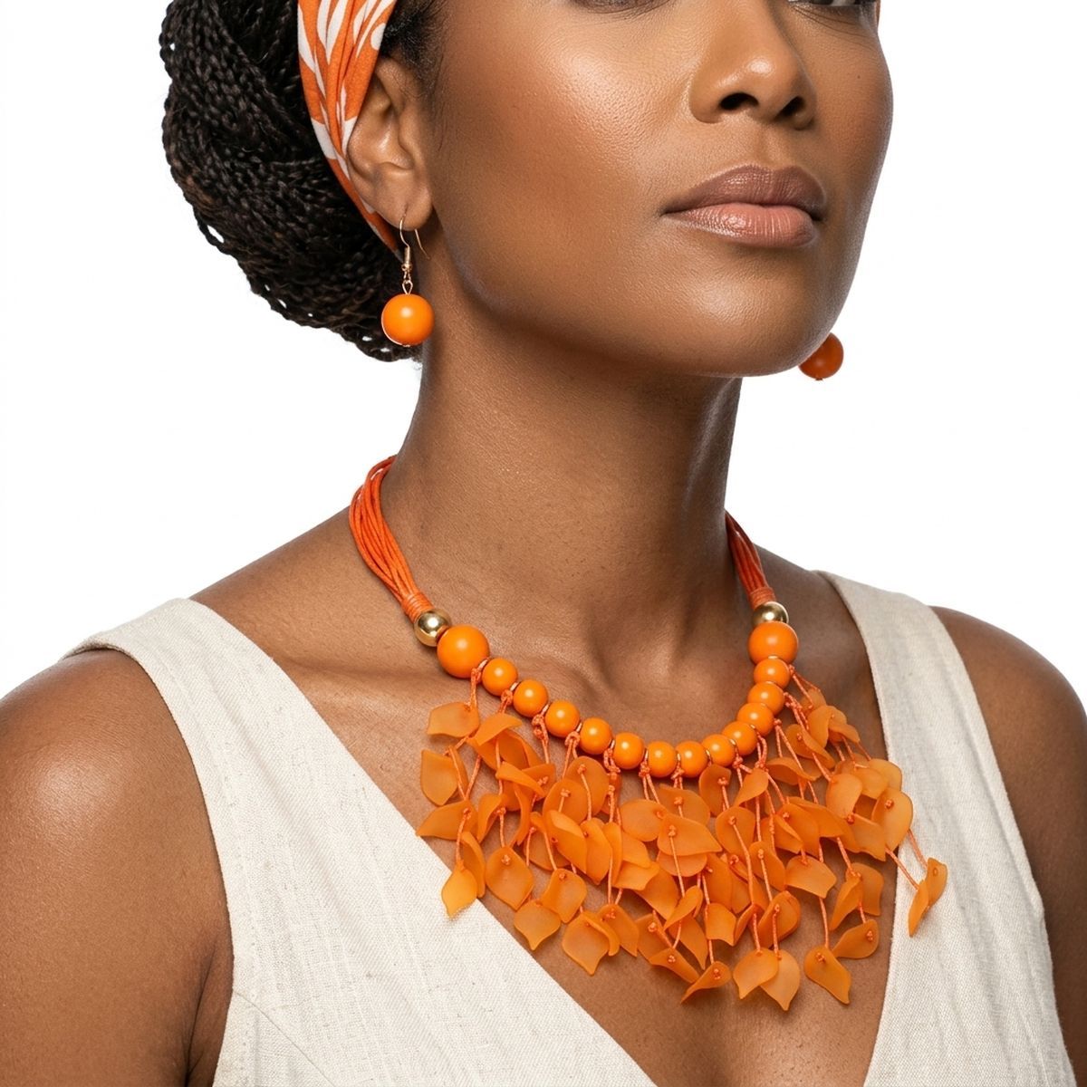 Orange Cascading Leaves Beaded Cord Necklace