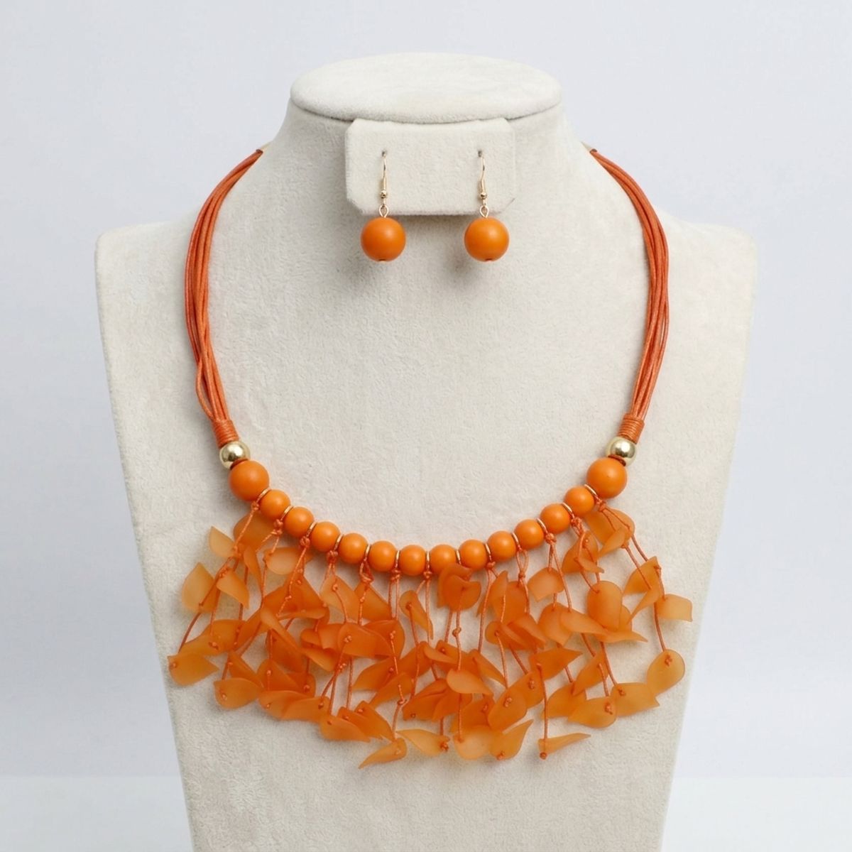 Orange Cascading Leaves Beaded Cord Necklace